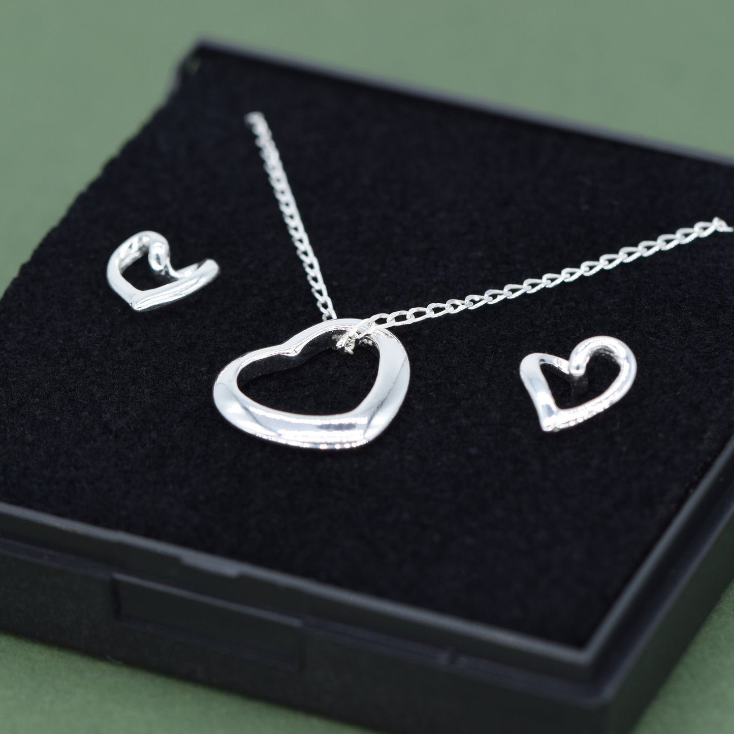Sterling Silver Floating Heart Necklace & Earring Set in Gift Box