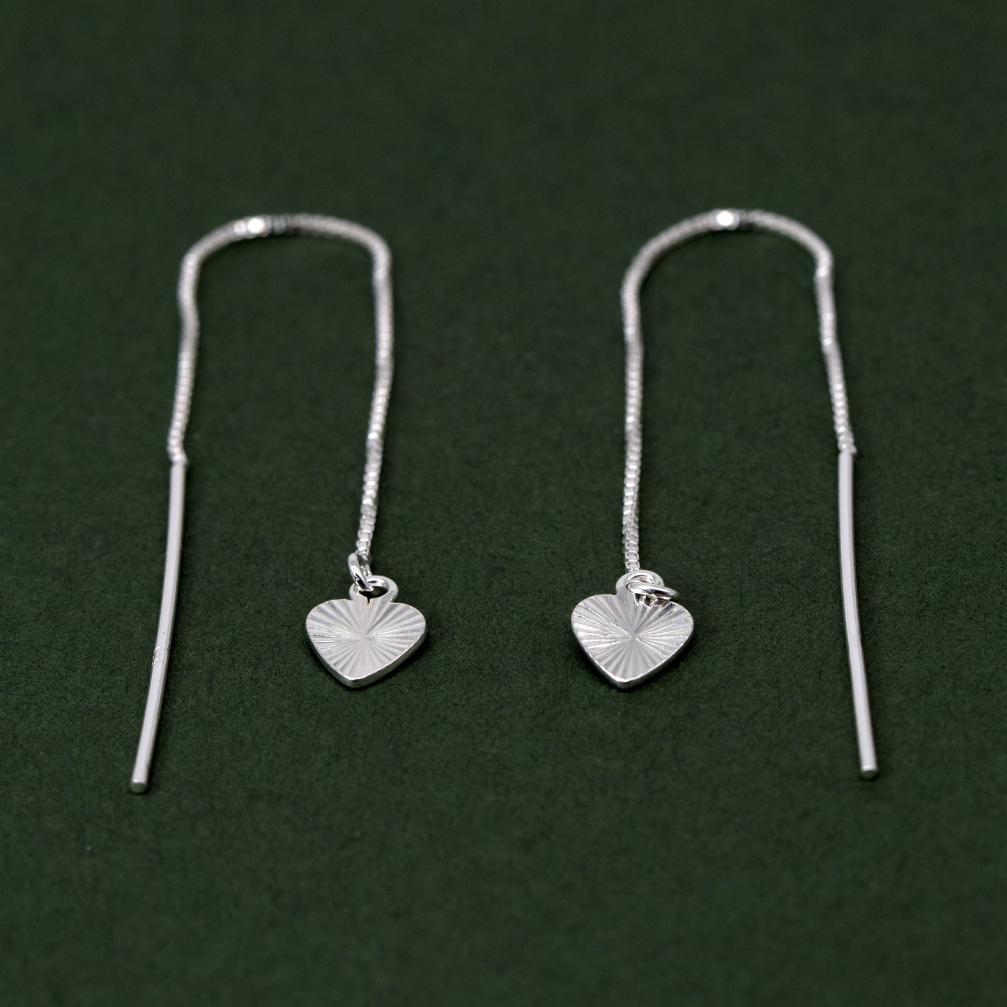 Sterling Silver Thread Through/Dropper Fluted/Diamond Cut Heart Dropper Earring