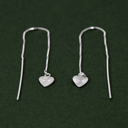 Sterling Silver Thread Through/Dropper Fluted/Diamond Cut Heart Dropper Earring