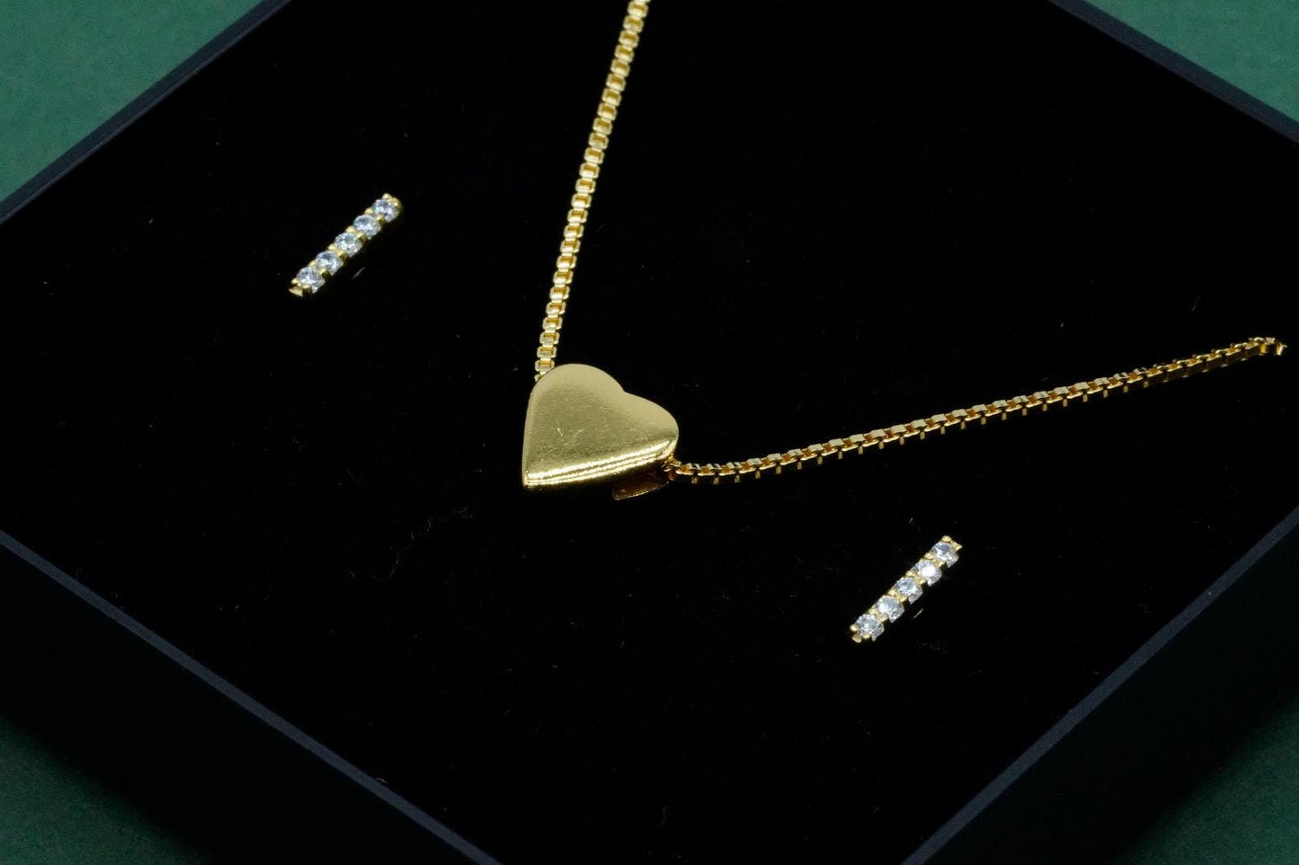 Gold Plated Sterling Silver Heart Charm Necklace with Gold CZ Bar Studs Gift Box