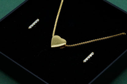 Gold Plated Sterling Silver Heart Charm Necklace with Gold CZ Bar Studs Gift Box
