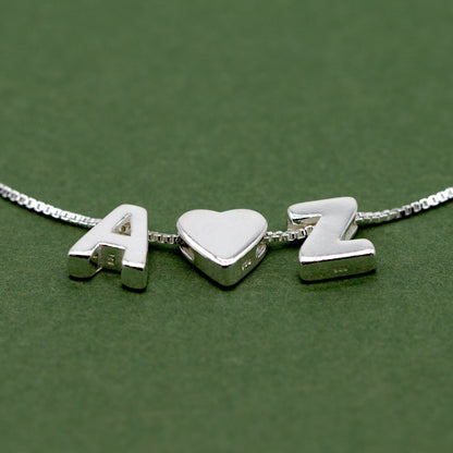 Sterling Silver Personalised Initial Charm Box Chain Anklet A - Z With Heart Charm