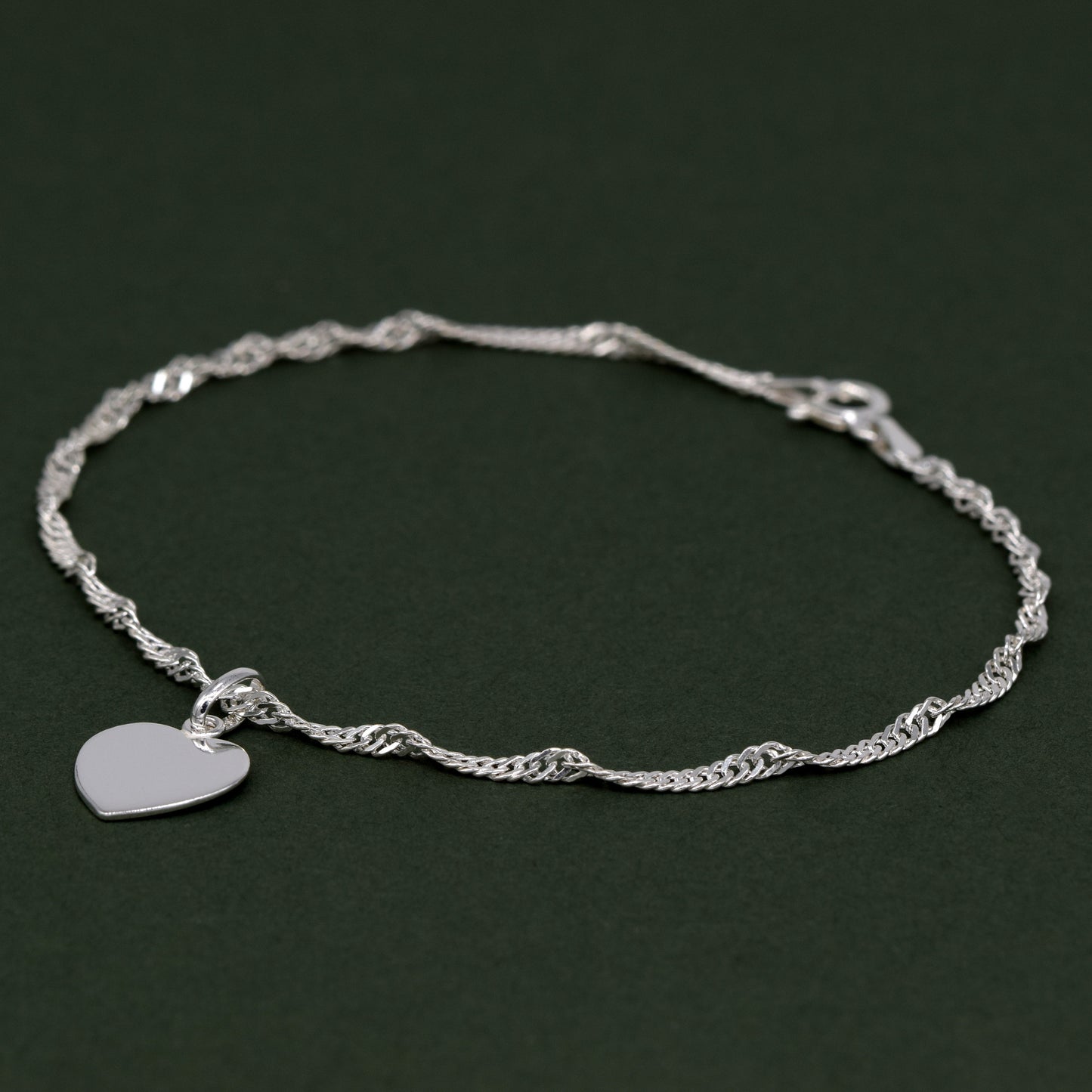 Sterling Silver 10" Singapore Chain Anklet With Flat Heart Pendant