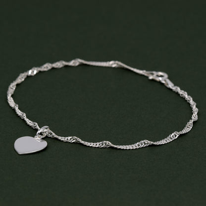 Sterling Silver 10" Singapore Chain Anklet With Flat Heart Pendant