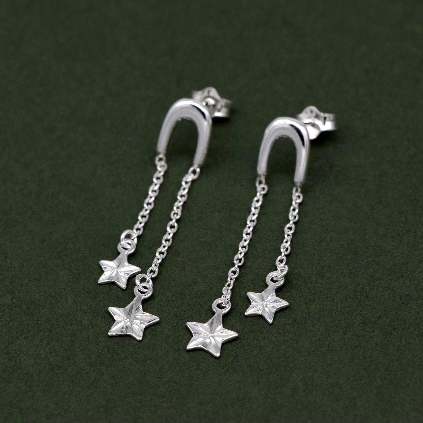 Genuine 925 Sterling Silver Double Fluted Diamond Cut Star Dropped Stud Earrings