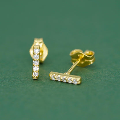 Gold Plated Sterling Silver 7.5mm Cubic Zirconia Bar Stud Earrings (Butterfly Backed)
