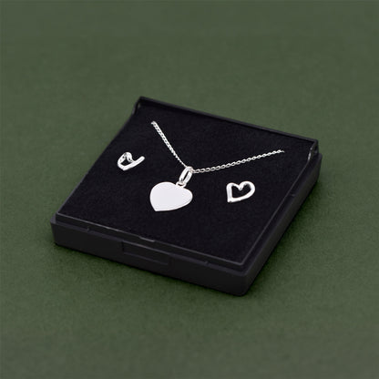 Sterling Silver Flat Heart Necklace & Open Earring Set in Gift Box