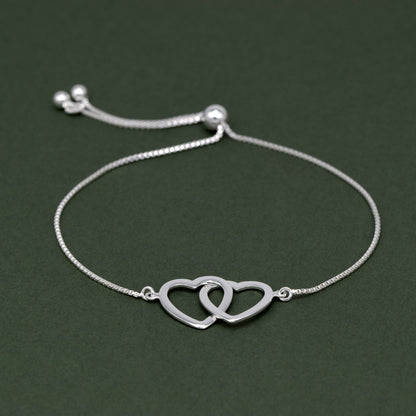 Sterling Silver Twin Hearts Adjustable Slider Bracelet