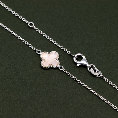 Sterling Silver Four Leaf Clover Motif Necklace On 17” - 18” Rolo Chain