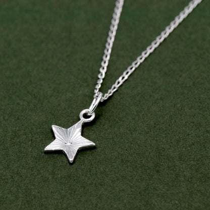 Sterling Silver Diamond Cut Fluted Star Pendant Necklace on Curb Chain