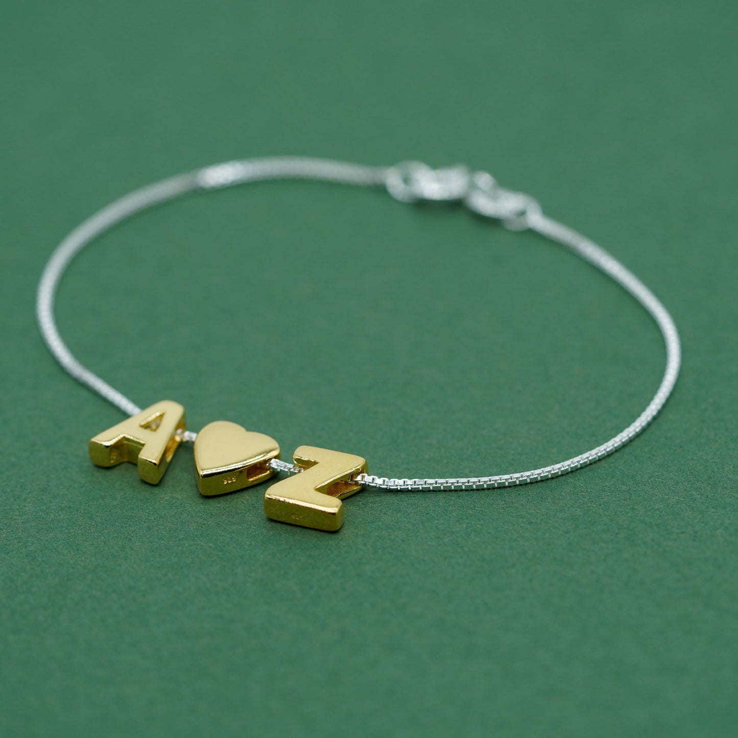 Gold Vermeil Sterling Silver Letter on Sterling Silver Box Bracelet