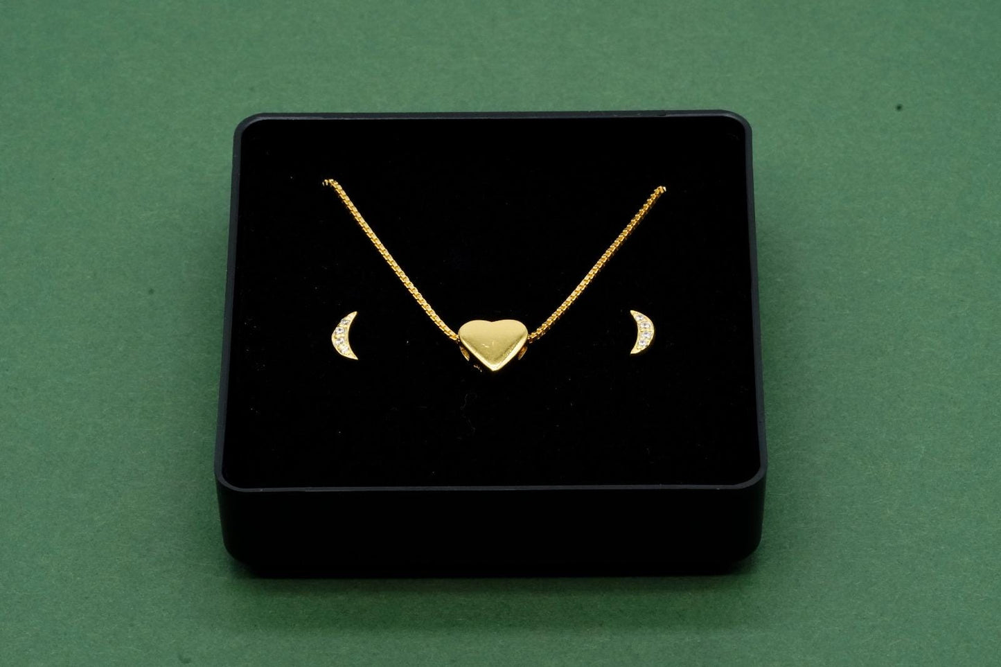 Gold Plated Sterling Silver Heart Charm Necklace, Crescent Moon Studs Gift Set