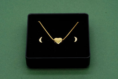 Gold Plated Sterling Silver Heart Charm Necklace, Crescent Moon Studs Gift Set