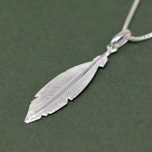 Sterling Silver Feather Pendant Necklace on Box Chain