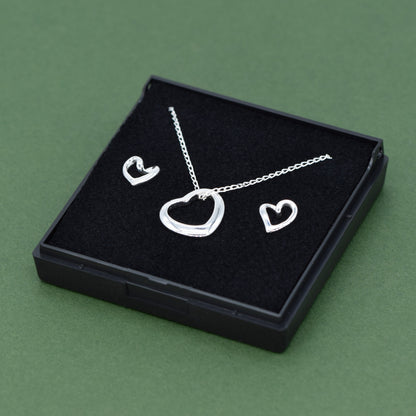 Sterling Silver Floating Heart Necklace & Earring Set in Gift Box