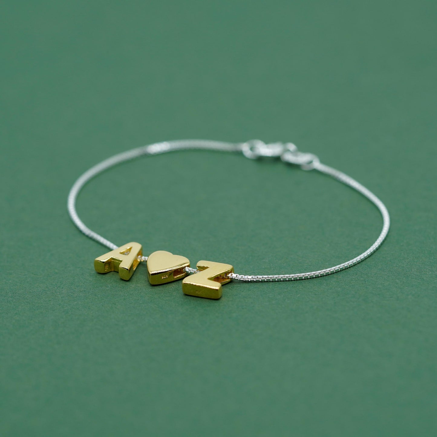 Gold Vermeil Sterling Silver Letter on Sterling Silver Box Bracelet