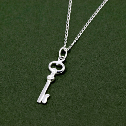 Genuine 925 Sterling Silver Key Pendant Necklace Diamond Cut Sterling Silver Curb Chain Minimalist Necklace Women's/Unisex Gift