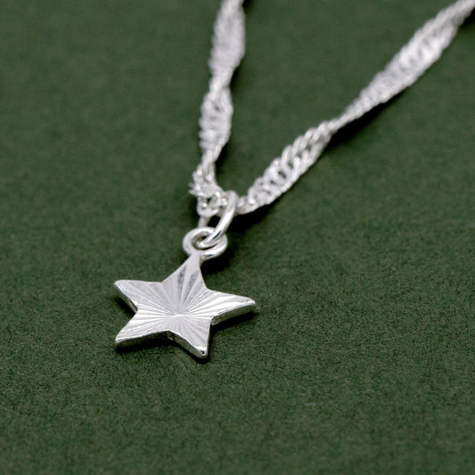 Sterling Silver D/C Fluted Star Pendant Necklace on Singapore Chain
