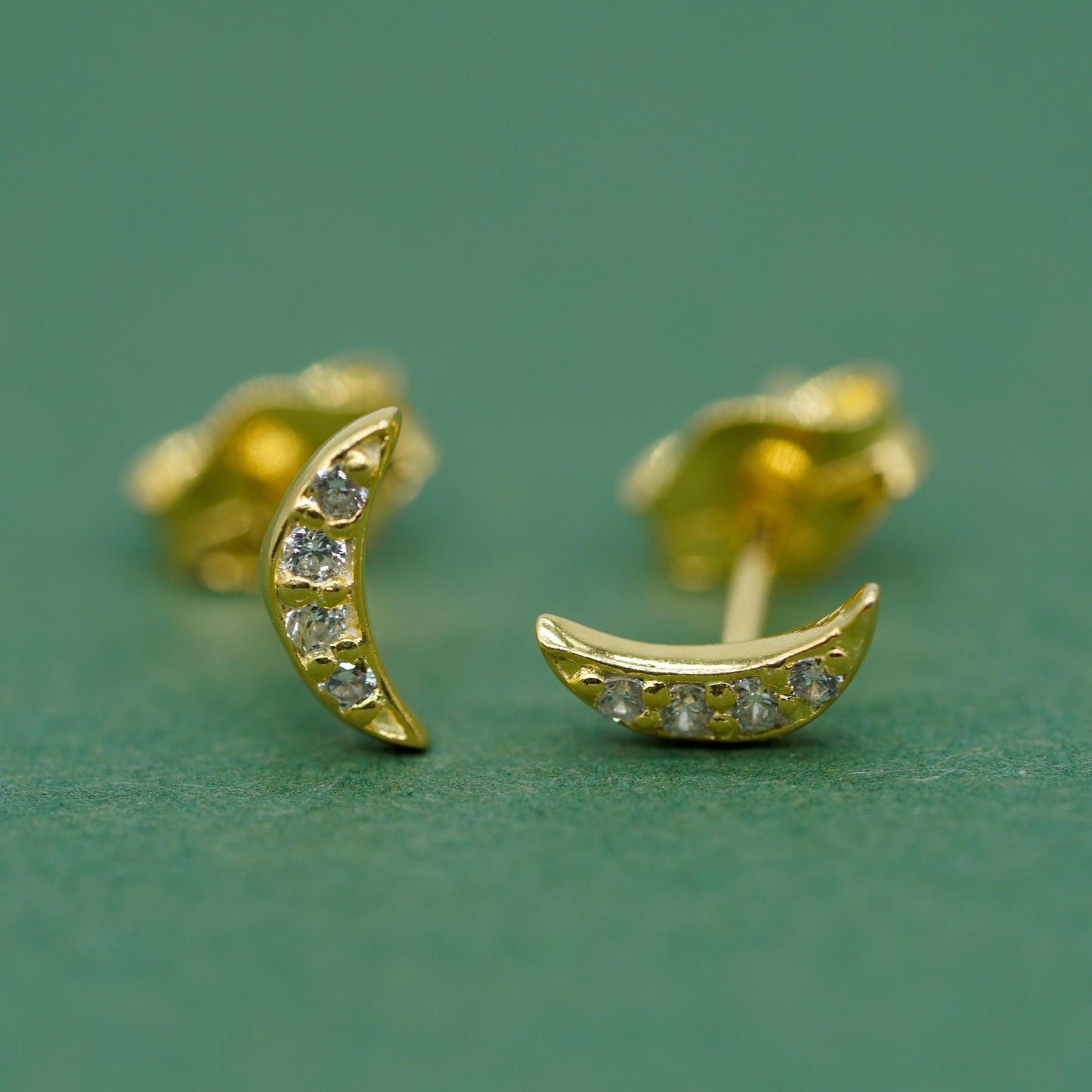Gold Plated Sterling Silver 7.8mm Cubic Zirconia Crescent Moon Stud Earrings