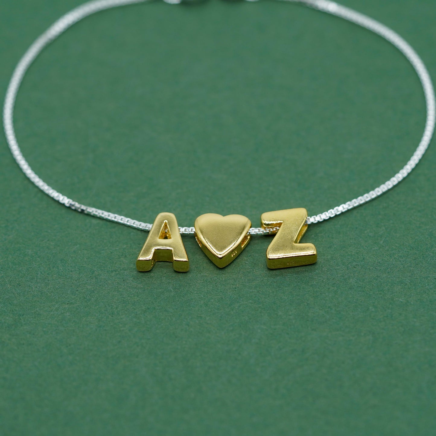 Gold Vermeil Sterling Silver Letter on Sterling Silver Box Bracelet