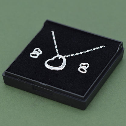 Sterling Silver Open Floating Heart Necklace & Earring Set in Gift Box