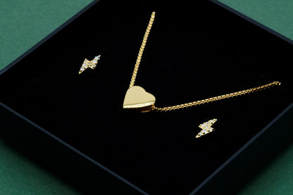 Gold Plated Sterling Silver Heart Charm Necklace with CZ Lightning Bolt Studs in Gift Box