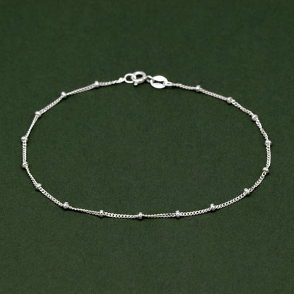 Sterling Silver Satellite Saturn Curb Chain with 2mm Beads Anklet