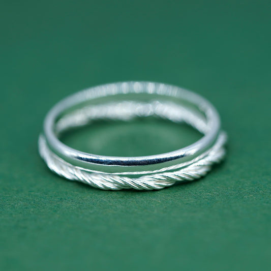 Set of 2 Sterling Silver 2mm Polished Band & 1.7mm Corda Rope Ring