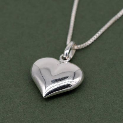 Sterling Silver Puffed Heart Pendant Necklace on Box Chain