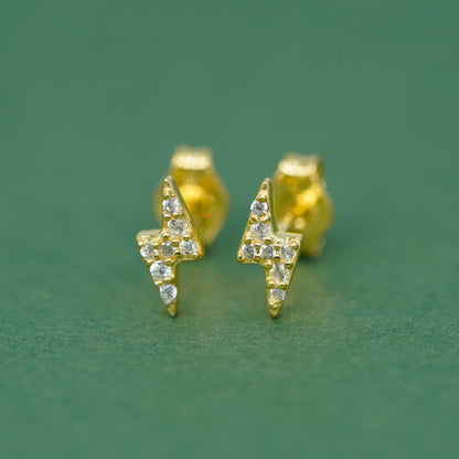 Gold Plated Sterling Silver 7.8mm Cubic Zirconia Lighting Bolt Stud Earrings