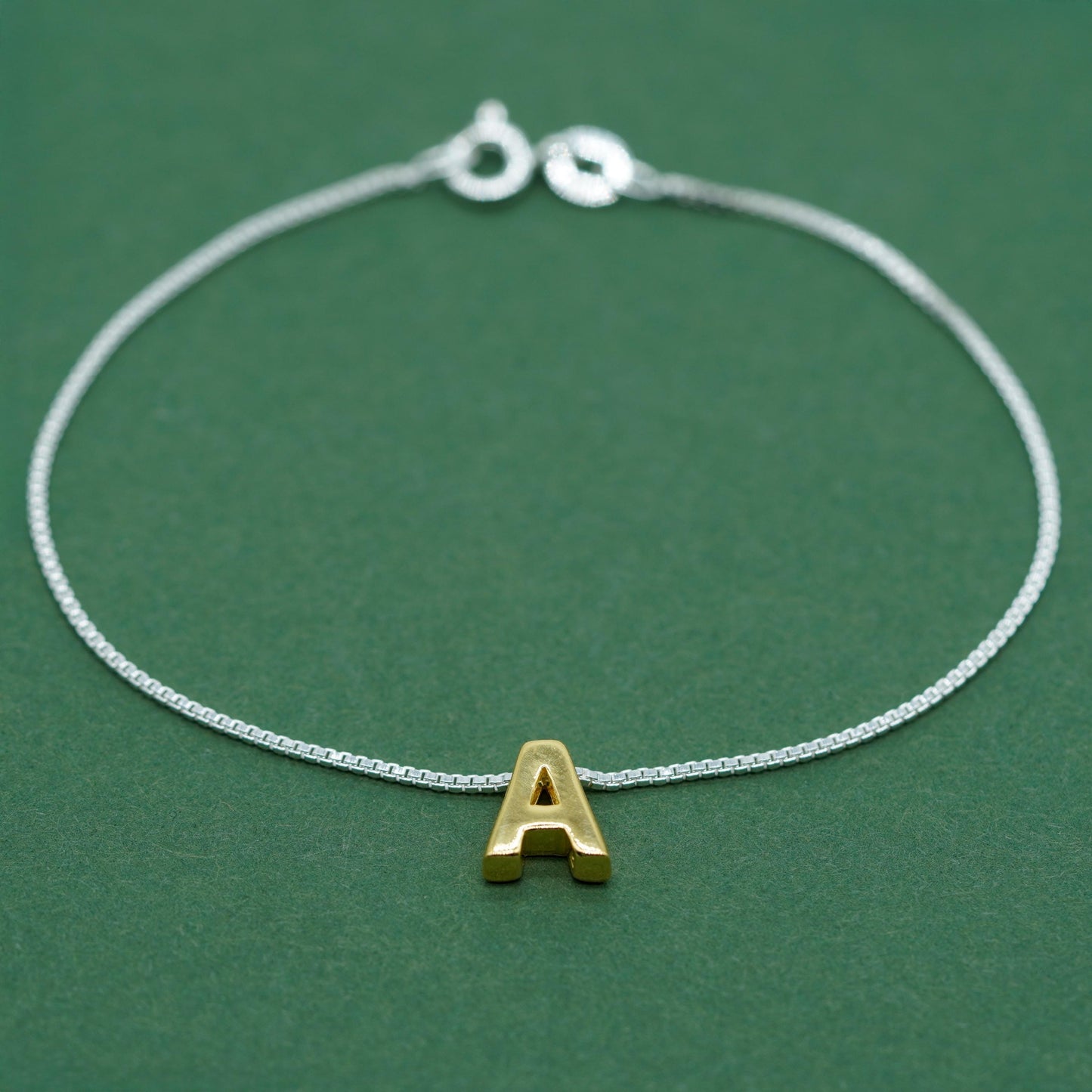 Gold Plated Sterling Silver Letter Charm on Sterling Silver Box Chain Bracelet