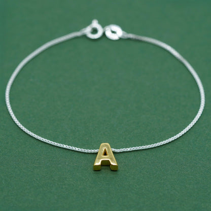 Gold Plated Sterling Silver Letter Charm on Sterling Silver Box Chain Bracelet