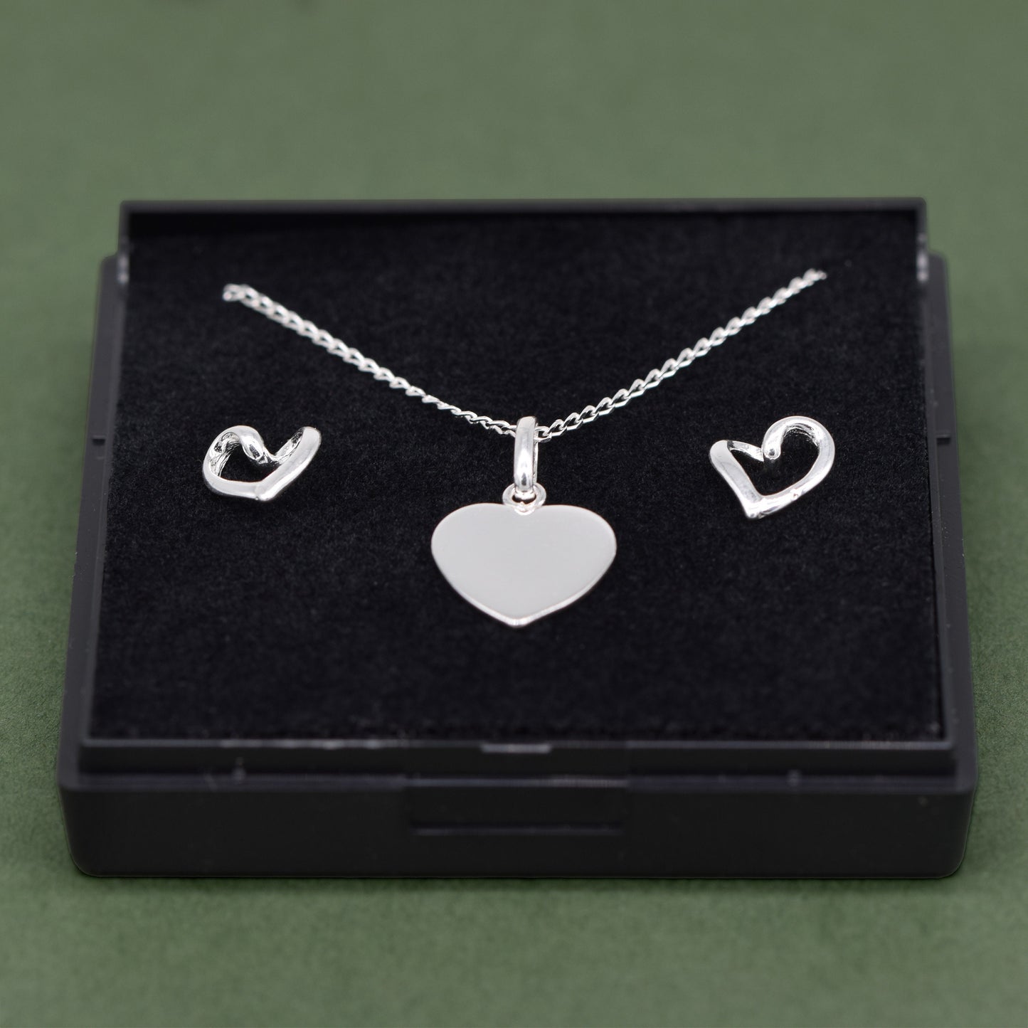 Sterling Silver Flat Heart Necklace & Open Earring Set in Gift Box