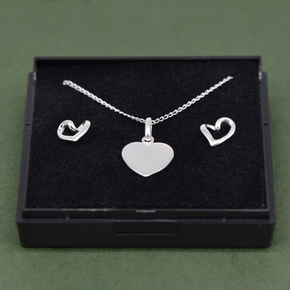 Sterling Silver Flat Heart Necklace & Open Earring Set in Gift Box