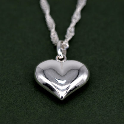 Sterling Silver Puffed Heart Pendant Necklace on Singapore Chain