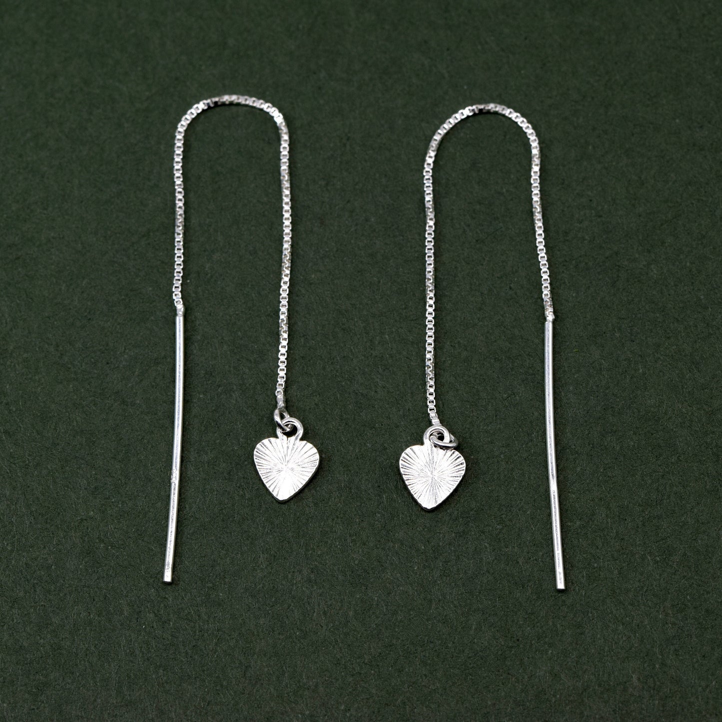 Sterling Silver Thread Through/Dropper Fluted/Diamond Cut Heart Dropper Earring