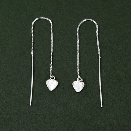 Sterling Silver Thread Through/Dropper Fluted/Diamond Cut Heart Dropper Earring