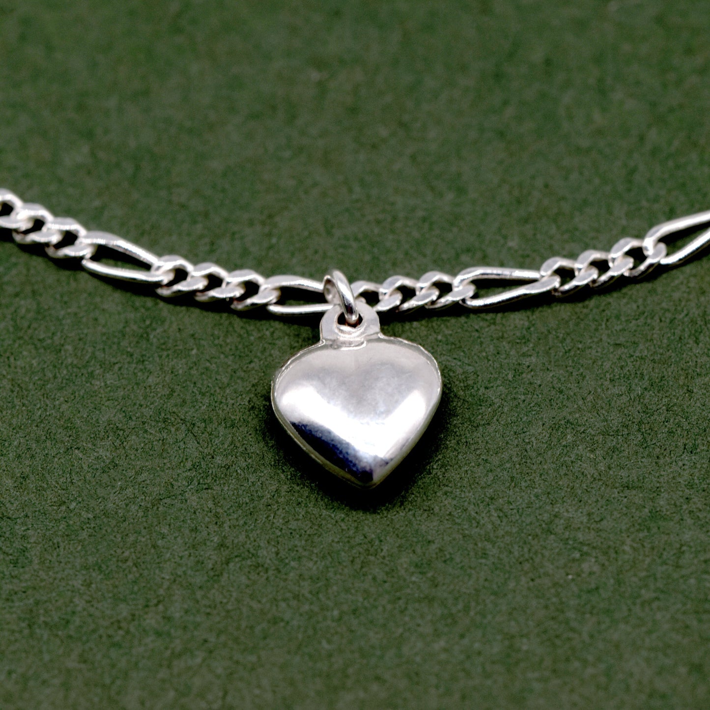 Sterling Silver 5 Puffed Heart Charm on Figaro Chain Bracelet 7.5"