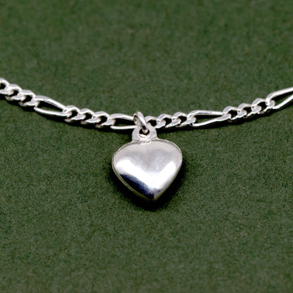 Sterling Silver 5 Puffed Heart Charm on Figaro Chain Bracelet 7.5"
