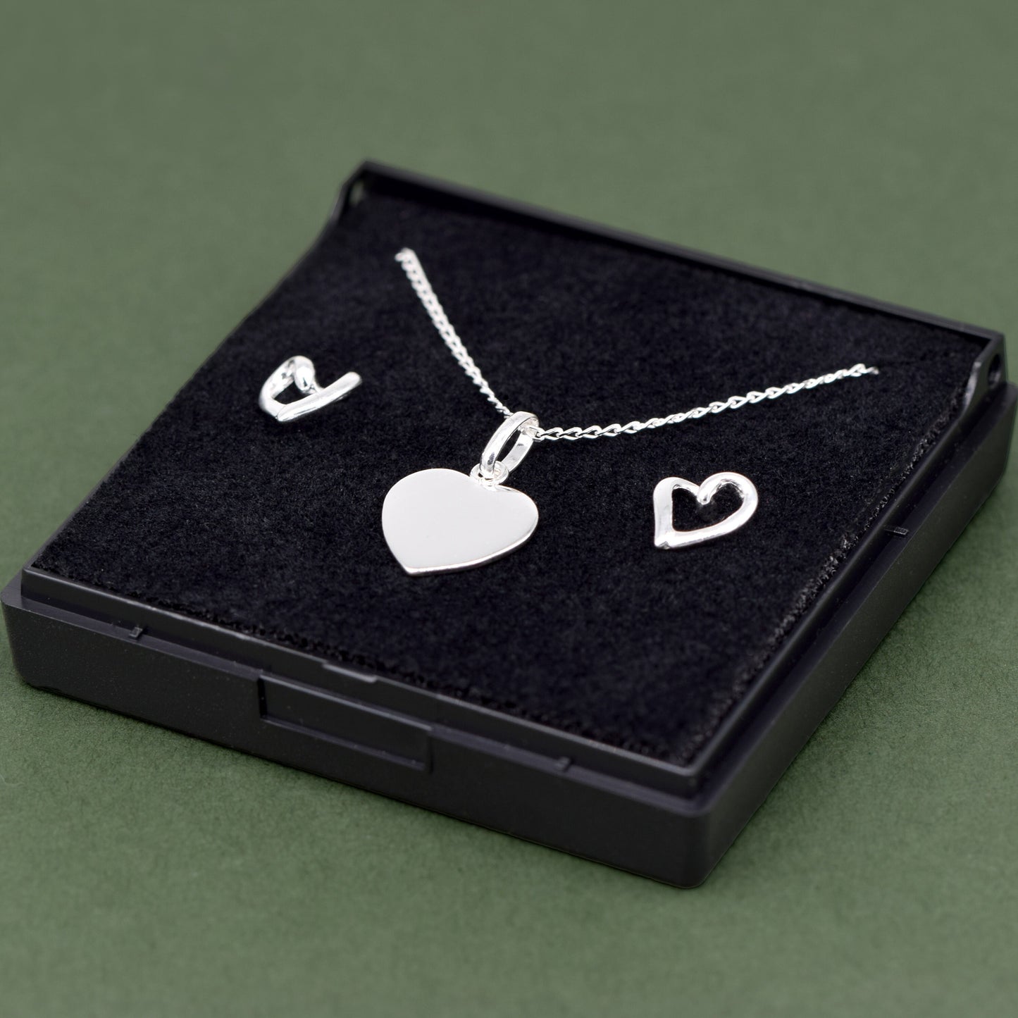 Sterling Silver Flat Heart Necklace & Open Earring Set in Gift Box