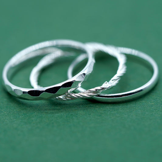 Set of 3 Sterling Silver Rings, 2mm Polished Band, 2.8mm Faceted/Hammered Ring & 1.7mm Corda Rope Ring