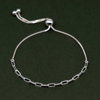 Sterling Silver Adjustable Slider Bracelet - 2.7mm Paperclip Chain on 1mm Box Chain