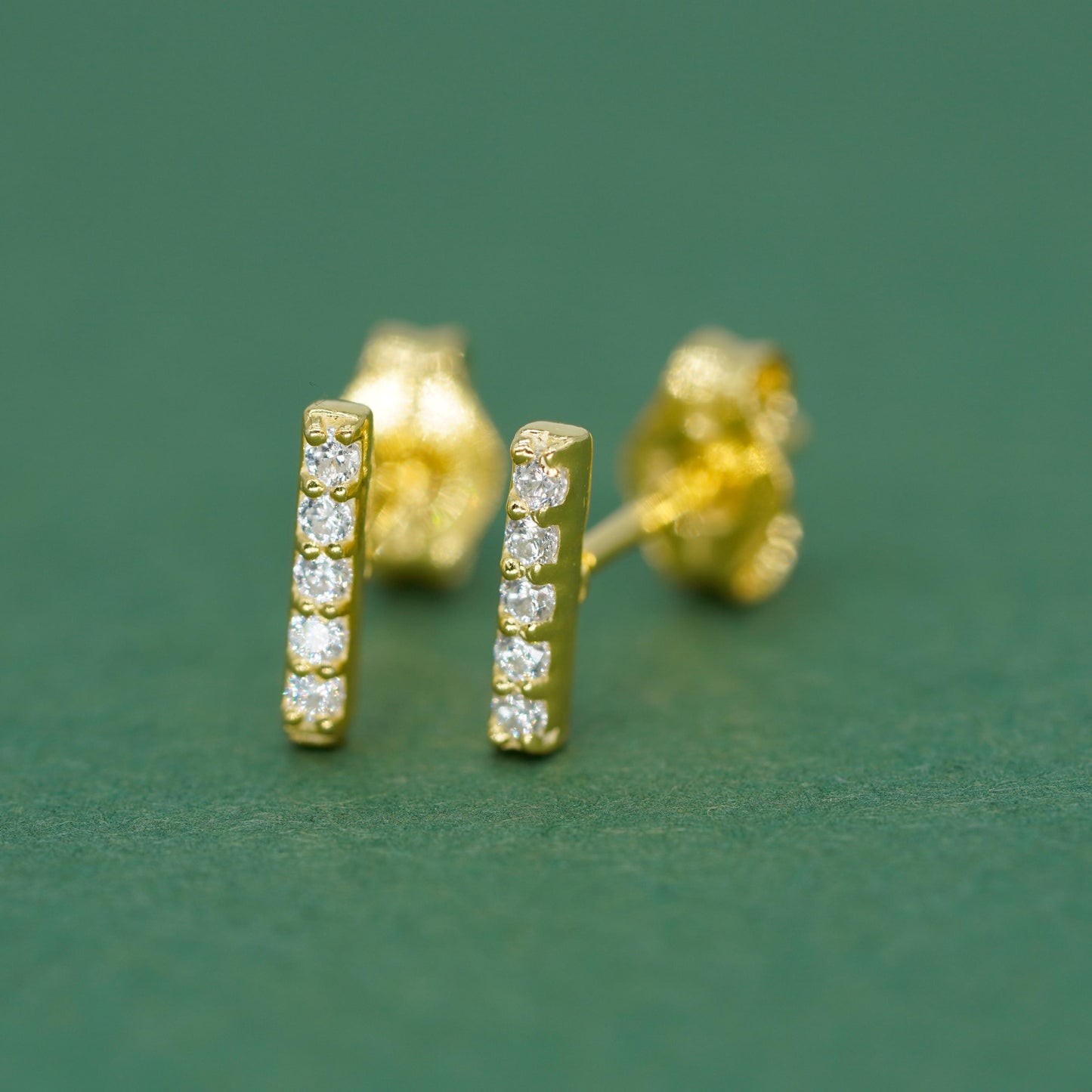 Gold Plated Sterling Silver 7.5mm Cubic Zirconia Bar Stud Earrings (Butterfly Backed)