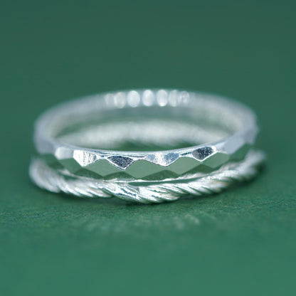 Set of 2 Sterling Silver Rings, 2.8mm Faceted/Hammered Ring & 1.7mm Corda Rope Ring