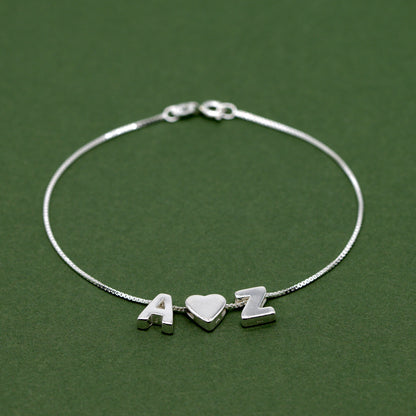 Sterling Silver Personalised Initial Charm Box Chain Anklet A - Z With Heart Charm