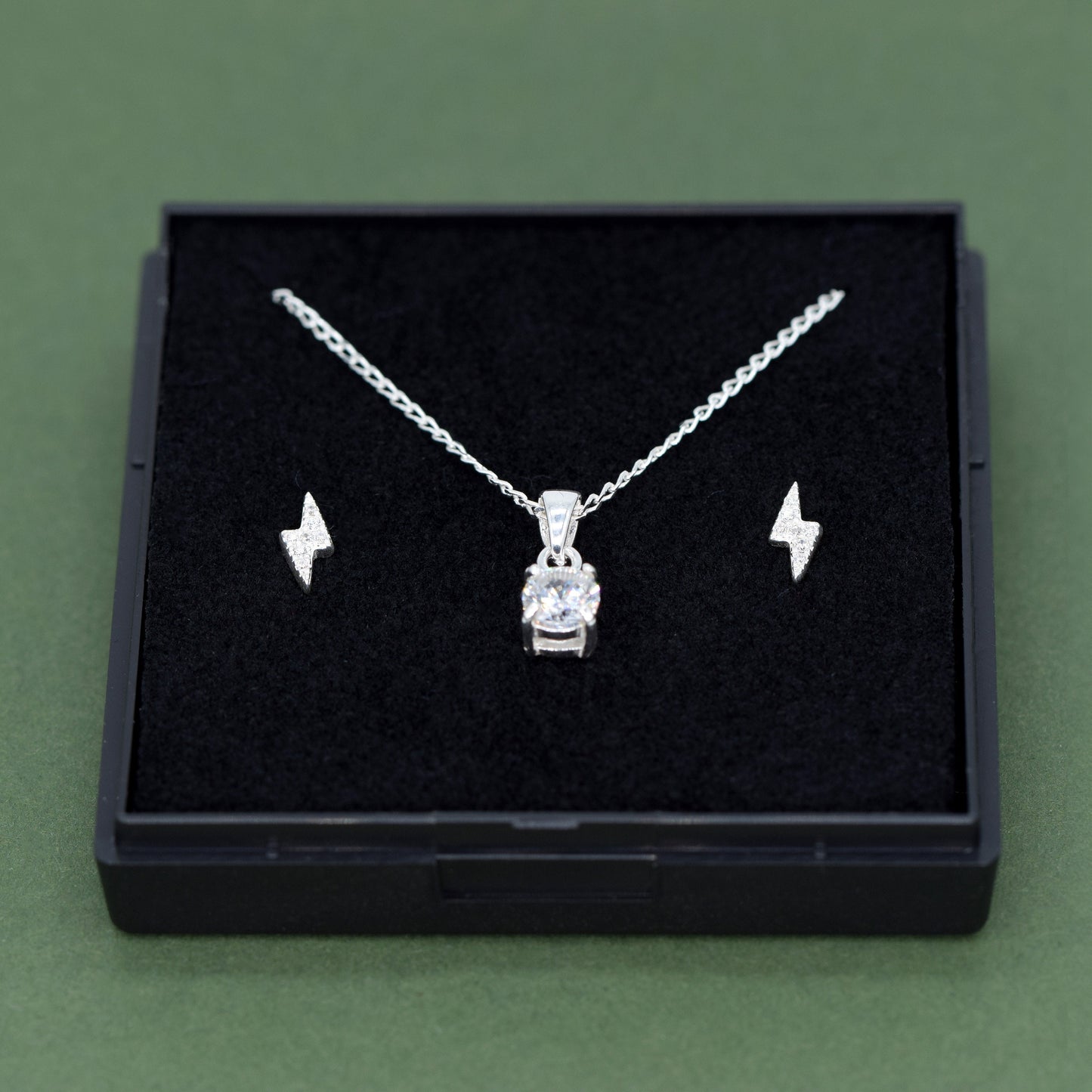 Sterling Silver Cubic Zircona Necklace & Bolt Earrings Gift Set