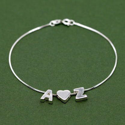 Sterling Silver Initial Charm Bracelet With Heart on Box Chain