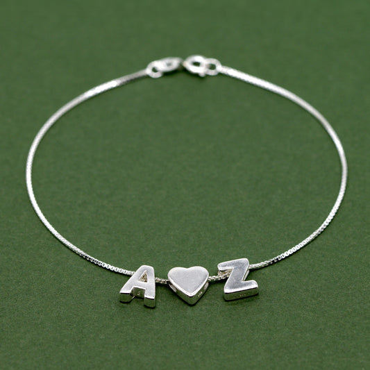 Sterling Silver Initial Charm Bracelet With Heart on Box Chain