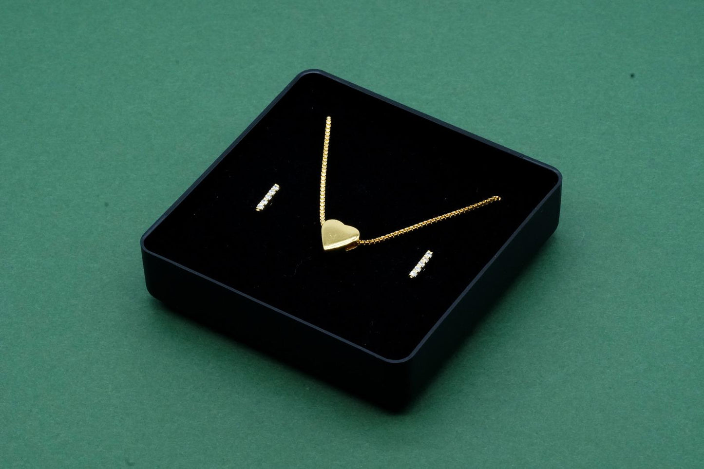 Gold Plated Sterling Silver Heart Charm Necklace with Gold CZ Bar Studs Gift Box