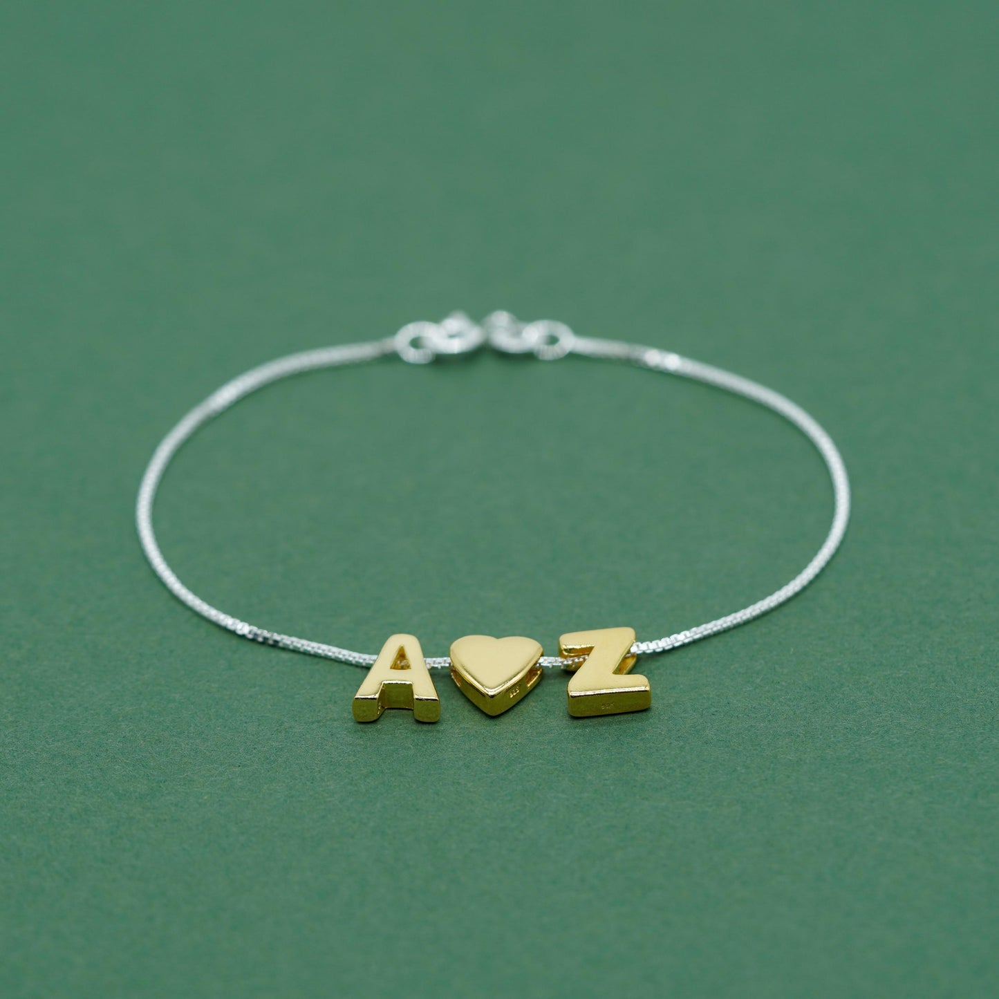 Gold Vermeil Sterling Silver Letter on Sterling Silver Box Bracelet